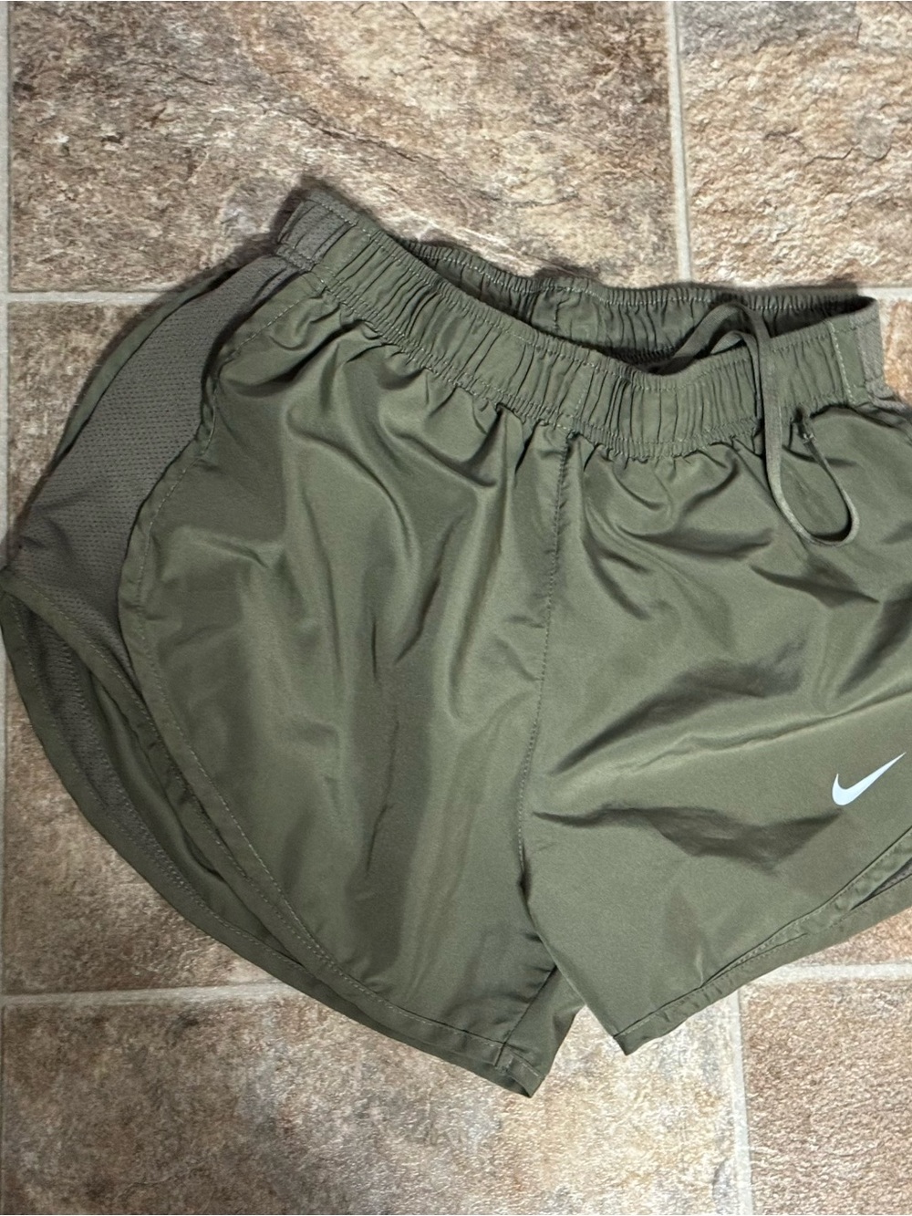 Nike Olive Green Athletic Running Shorts with Drawcord